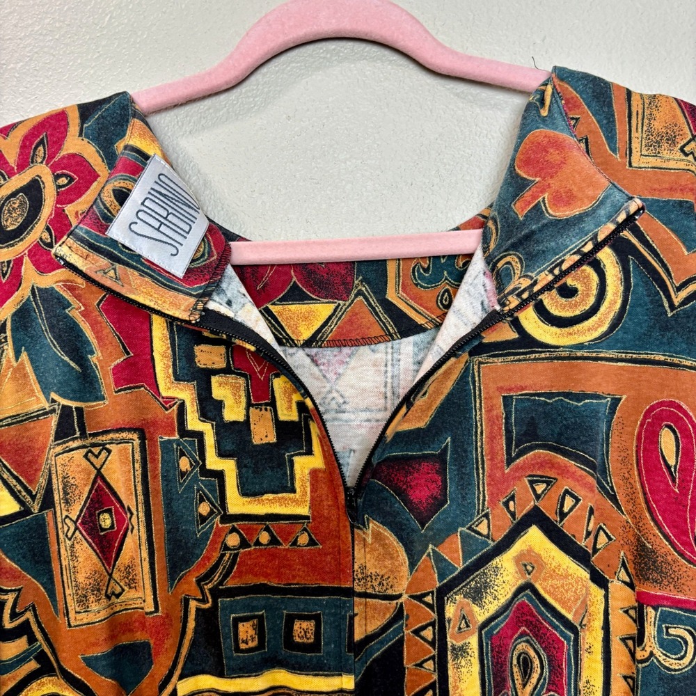 Sabino Vintage 80s Midi Dress Abstract Print Belted Long Sleeve Size 6 Bohemian - Picture 13 of 16